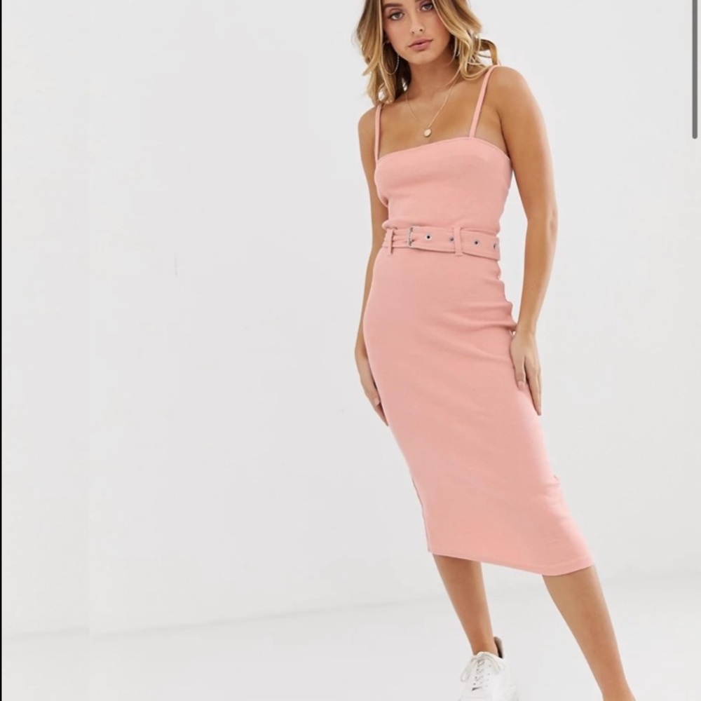 Peach ribbed midi belted dress